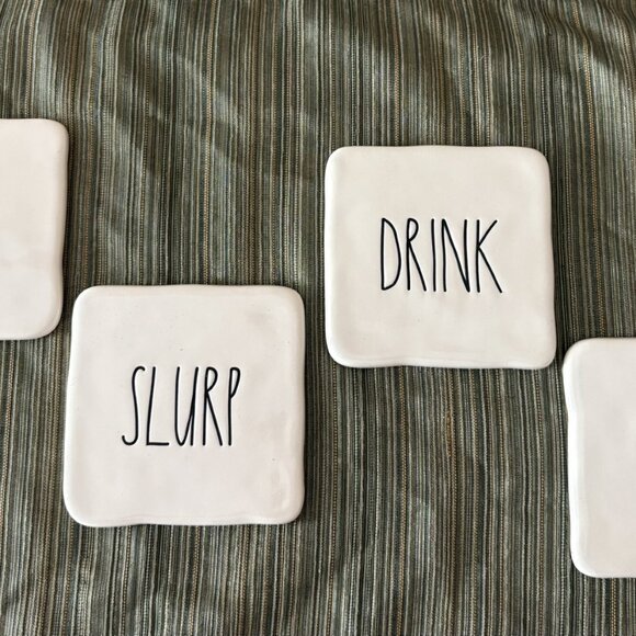 Set of 4 RAE DUNN coasters in wrought iron stand sip slurp drink gulp - Picture 3 of 3